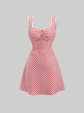 1pc Red & White Checkered Sleeveless Casual Dress, Summer